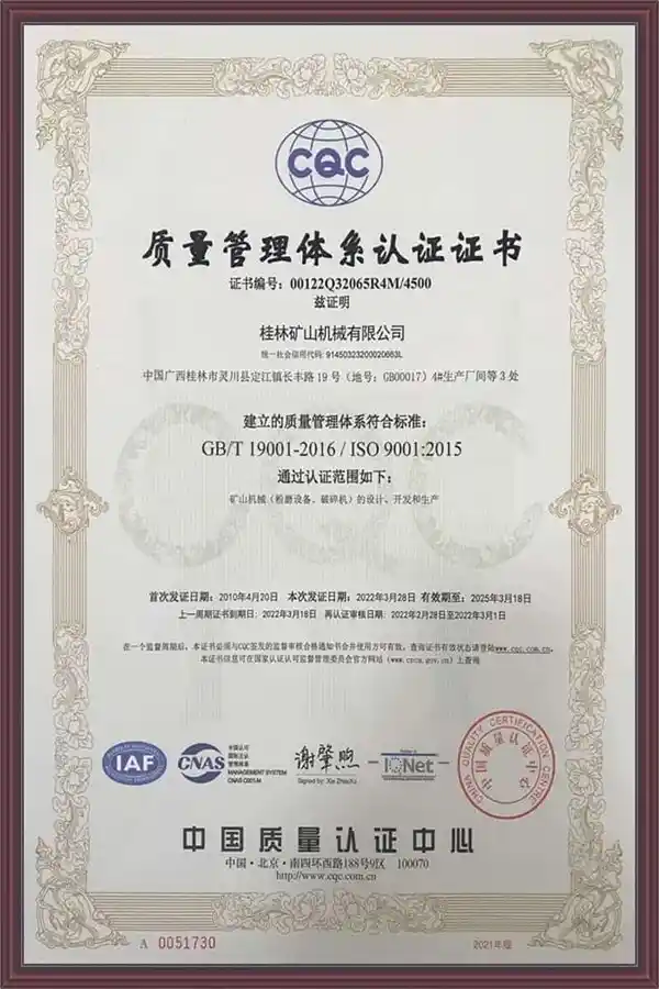 Quality Management System Certification Certificate