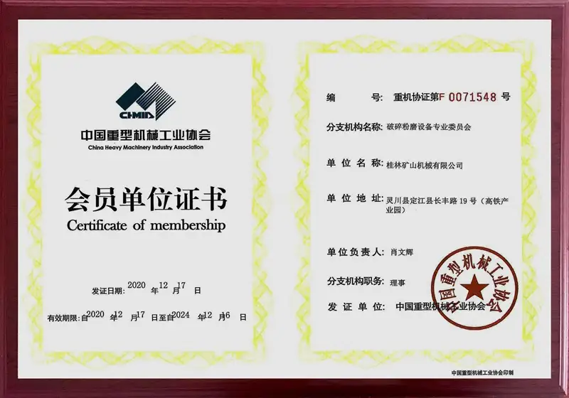 China Heavy Machinery Industry Association Membership Certificate