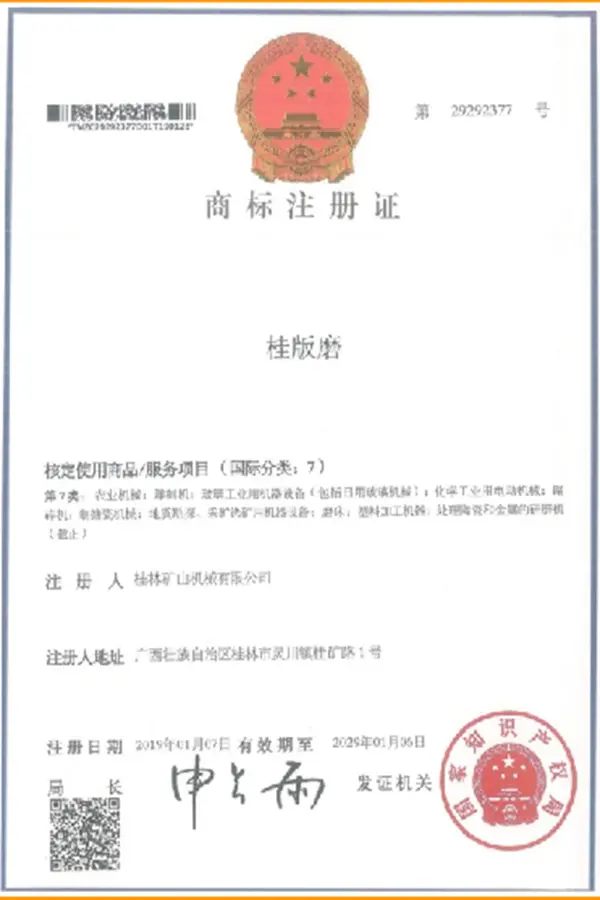 Trademark Registration Certificate for Grinding Equipment