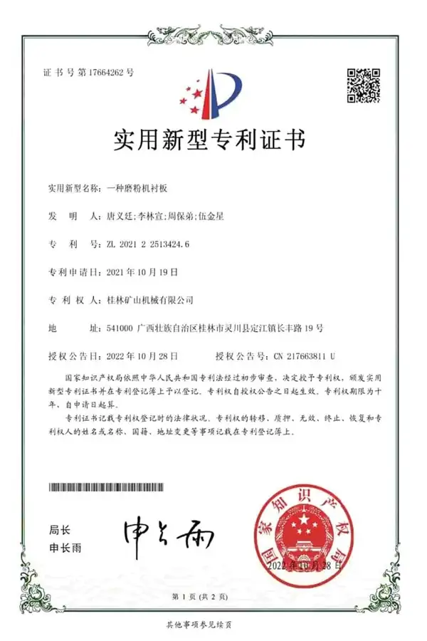 Patent Certificate for Grinding Mill Liner