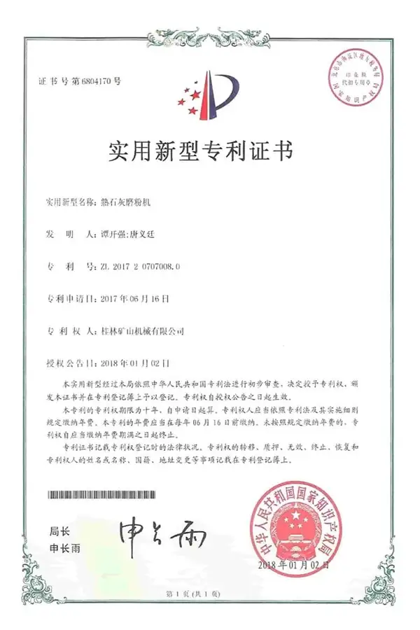 Patent Certificate for Calcium Hydroxide Grinding Mill